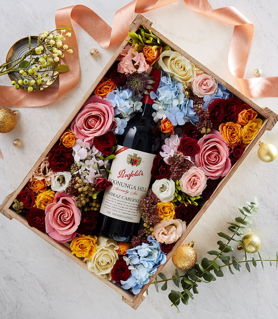 Premium Penfolds Shiraz Cabernet with artificial flowers in rose gold gift box, perfect for Valentine's Day