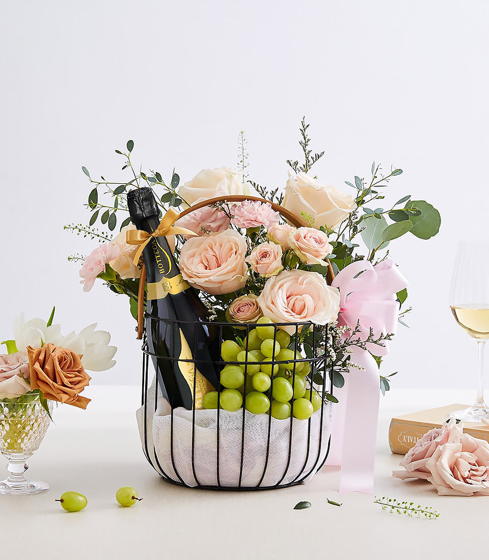 Champagne & Blush Rose Bloom Basket
