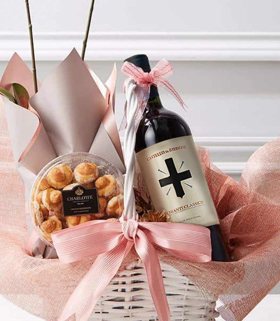 Orchid Charm luxury gift basket with Chianti Classico red wine, Charlotte pastries, and fresh orchid plant