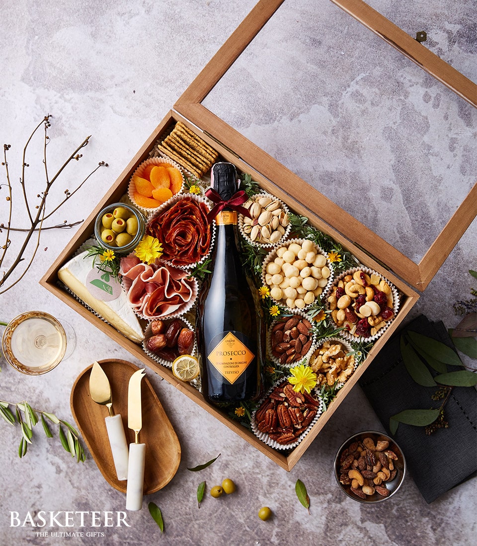 Premium Prosecco and gourmet nuts charcuterie gift hamper with cured meats and cheese