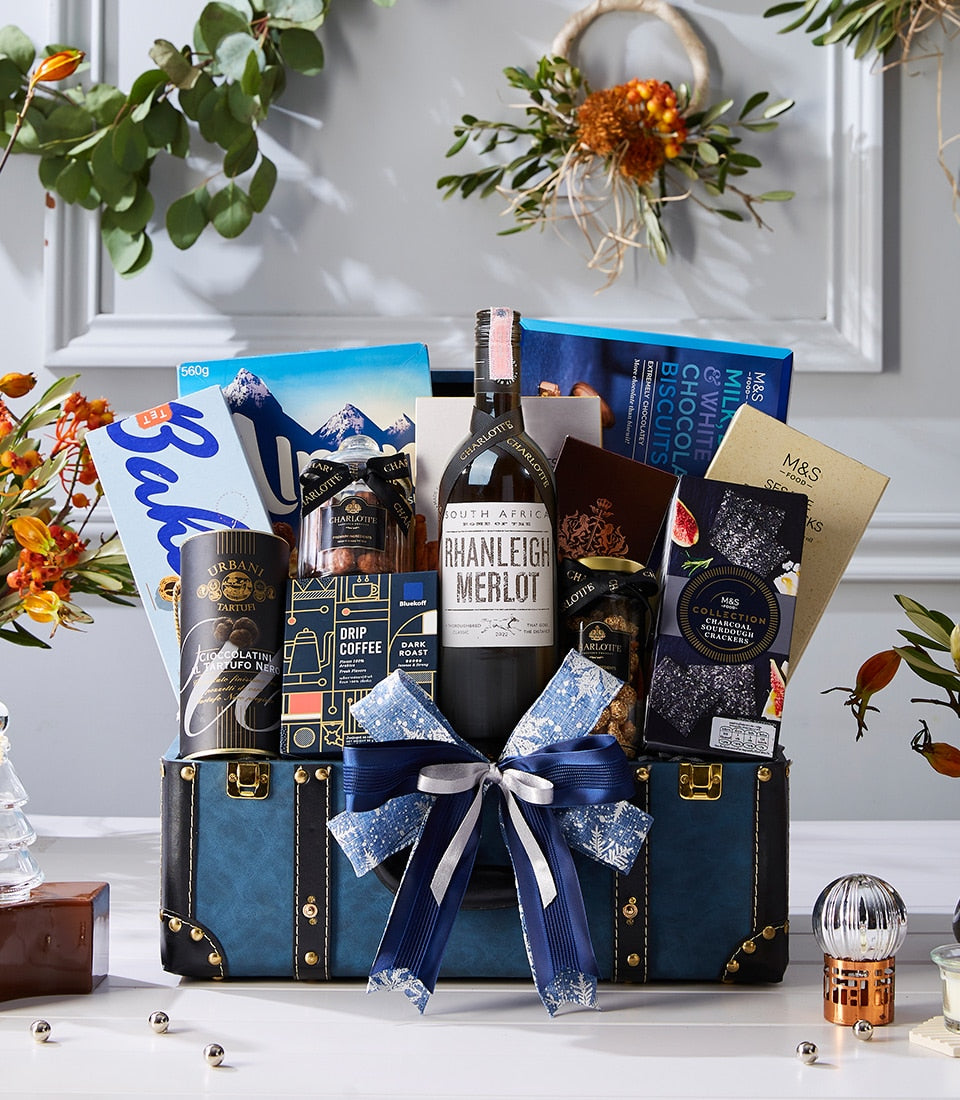 Royal Merlot Prestige luxury wine hamper with South African red wine, gourmet chocolates, and artisan treats in blue leather