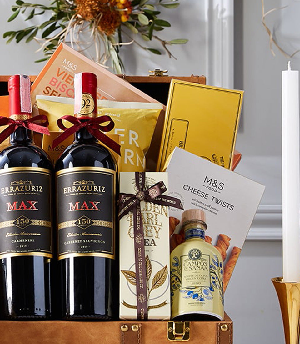Duo Reds Grand Gourmet Chest with Carmenere and Cabernet Sauvignon wines, gourmet foods, and artisan gifts