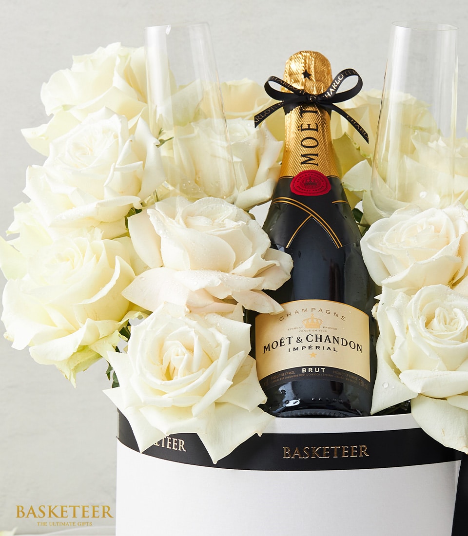 Luxury champagne and white roses gift set with stemless flutes in white presentation box