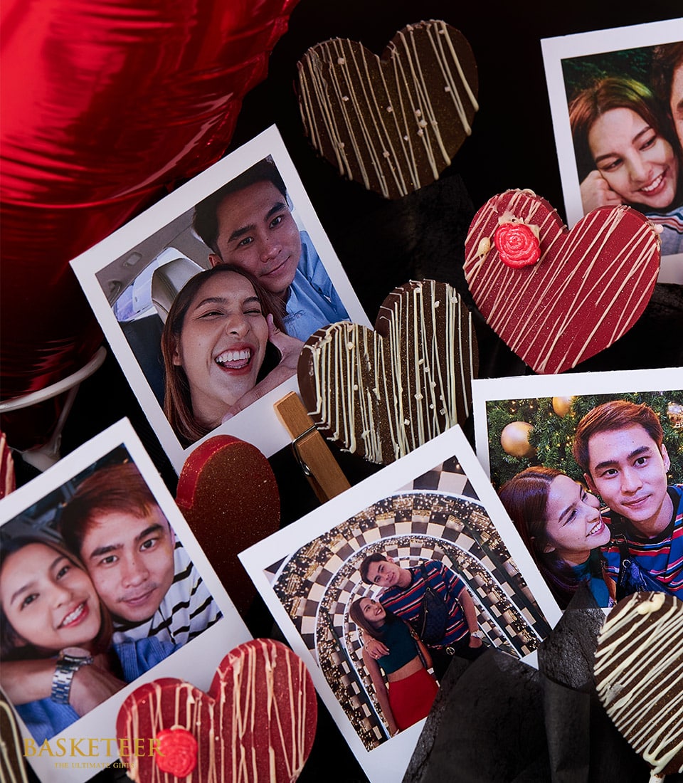 Luxury personalized Valentine wine box with heart chocolates, couple photos, and red balloon
