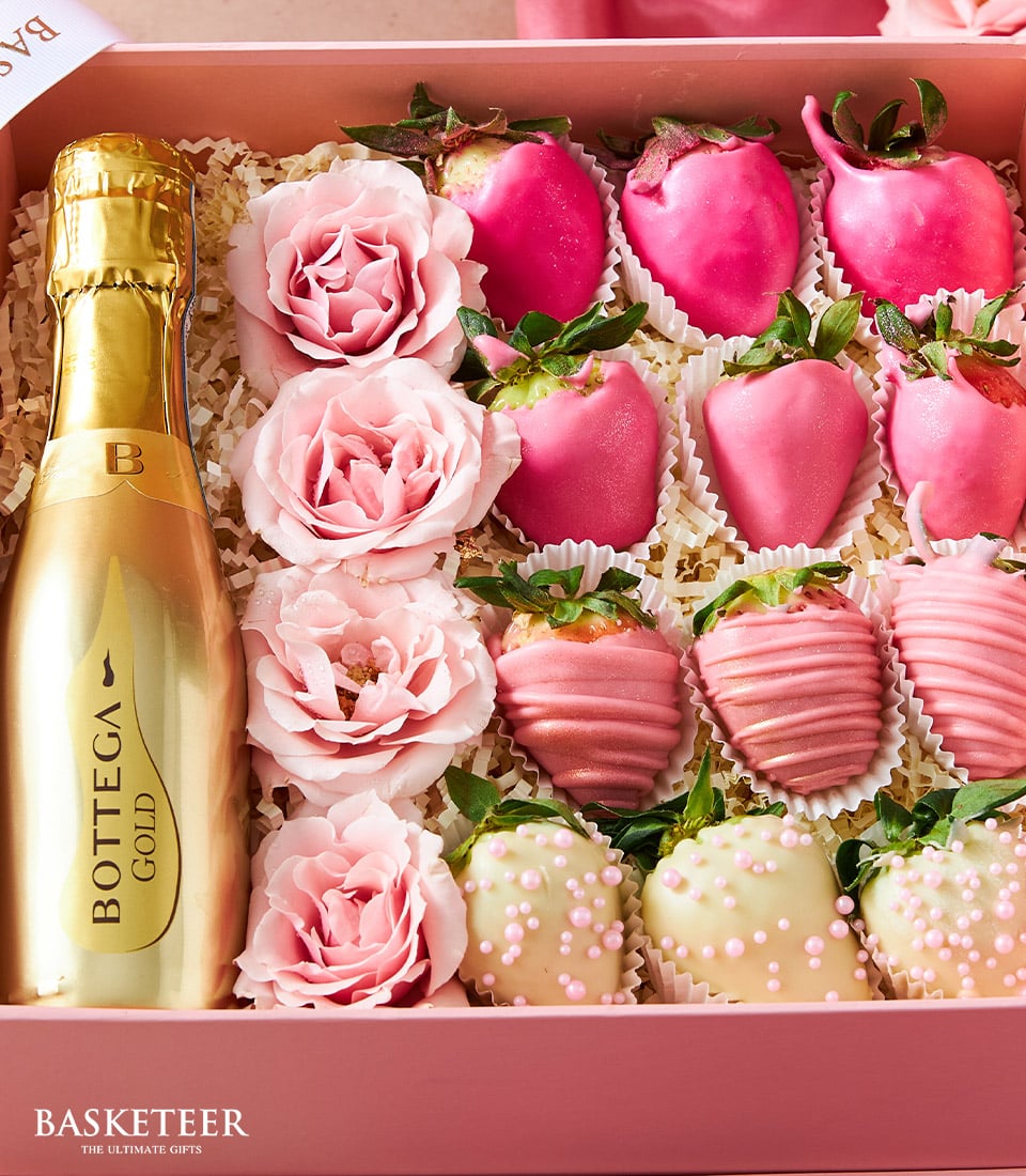 Luxury Valentine gift box with Bottega Gold sparkling wine, chocolate-covered strawberries, and fresh pink roses