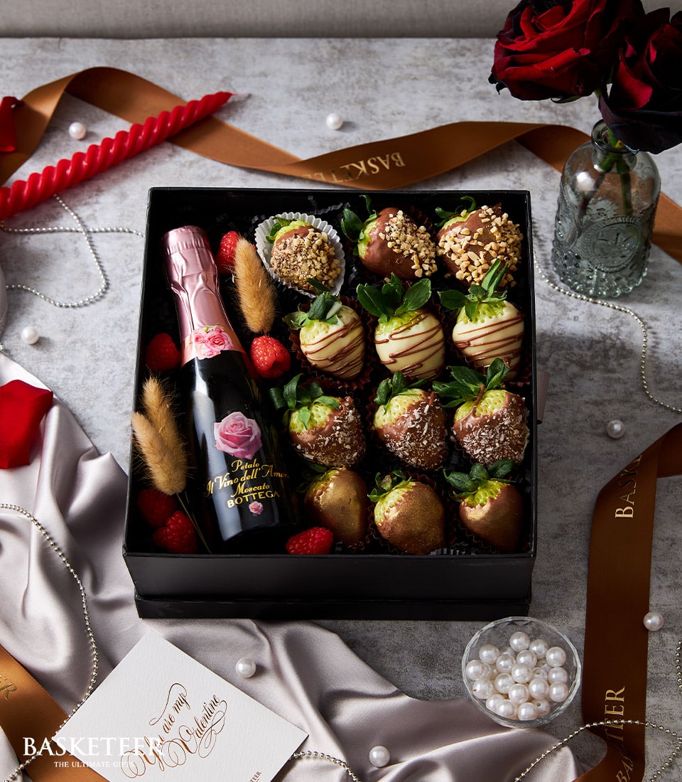 Luxury Valentine gift box with chocolate-covered strawberries and Bottega Petalo Rosé sparkling wine