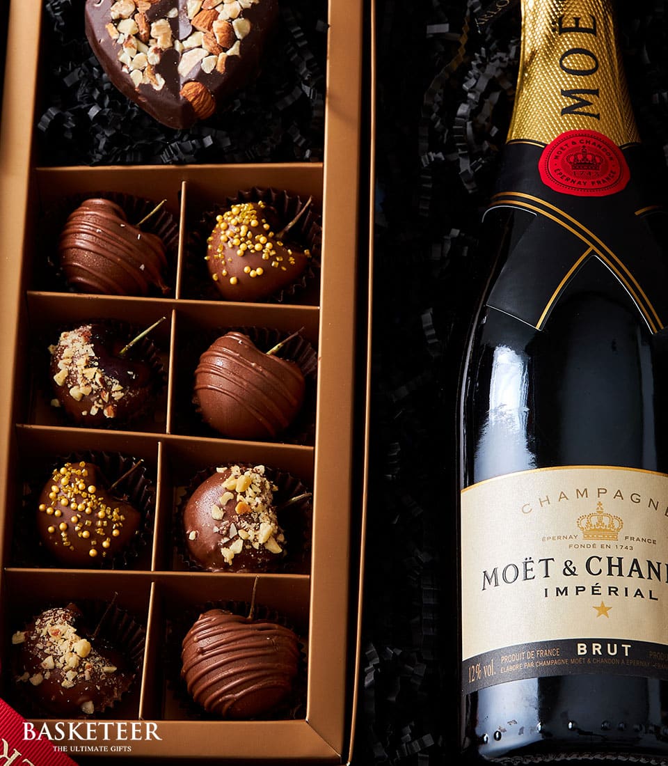 Champagne and artisan chocolate Valentine gift set with heart-shaped almond truffle and assorted pralines