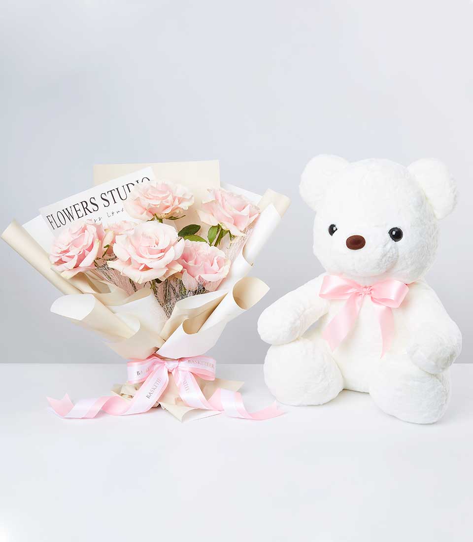 White roses with soft pink bow and fluffy teddy bear gift set for any occasion