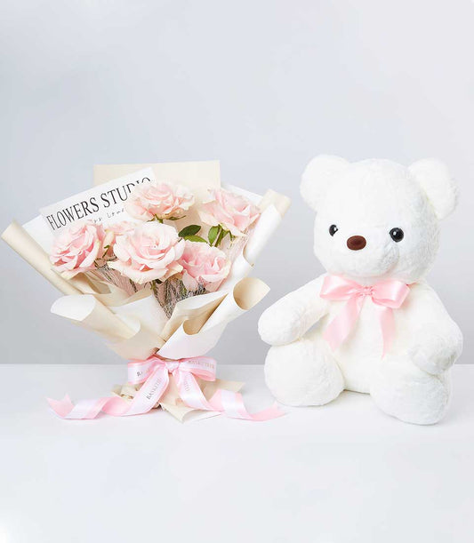 White roses with soft pink bow and fluffy teddy bear gift set for any occasion