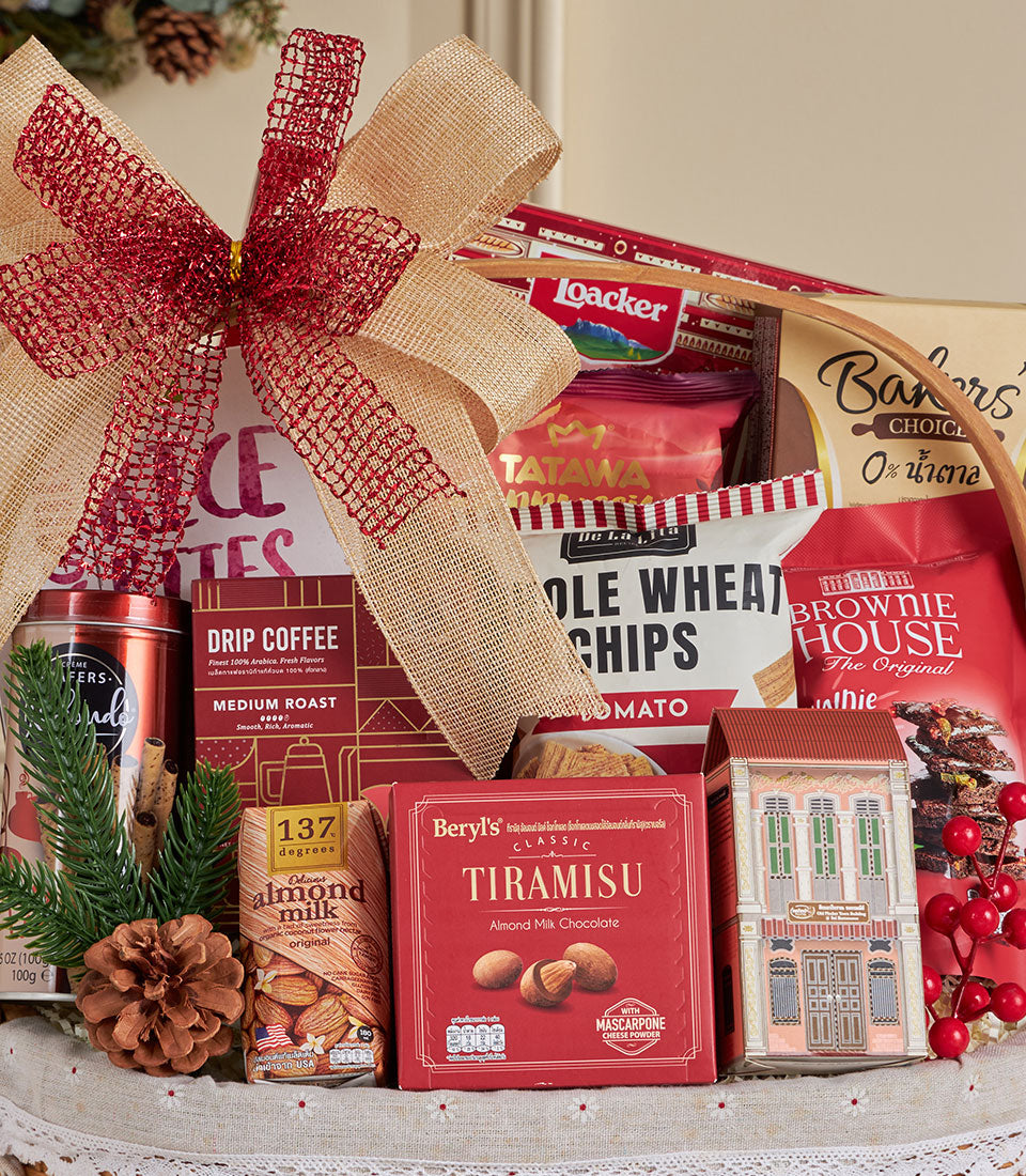 Luxury red and burlap gift basket with premium coffee, almond milk, tiramisu chocolate, and gourmet treats for discerning