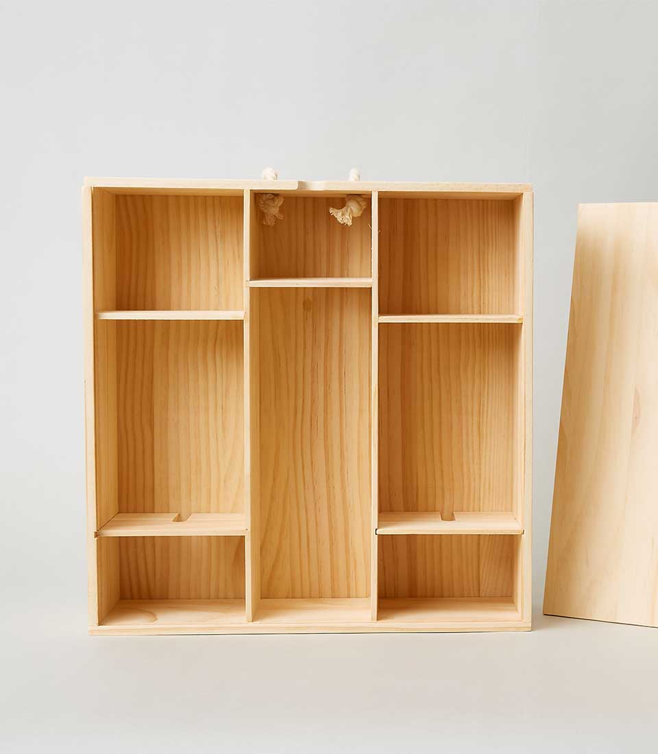 Natural pine wooden gift crate with divided compartments and rope handles