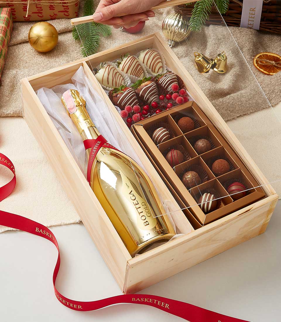 Luxury wine and chocolate gift box with Bottega Gold sparkling wine, chocolate-covered strawberries, and assorted truffles
