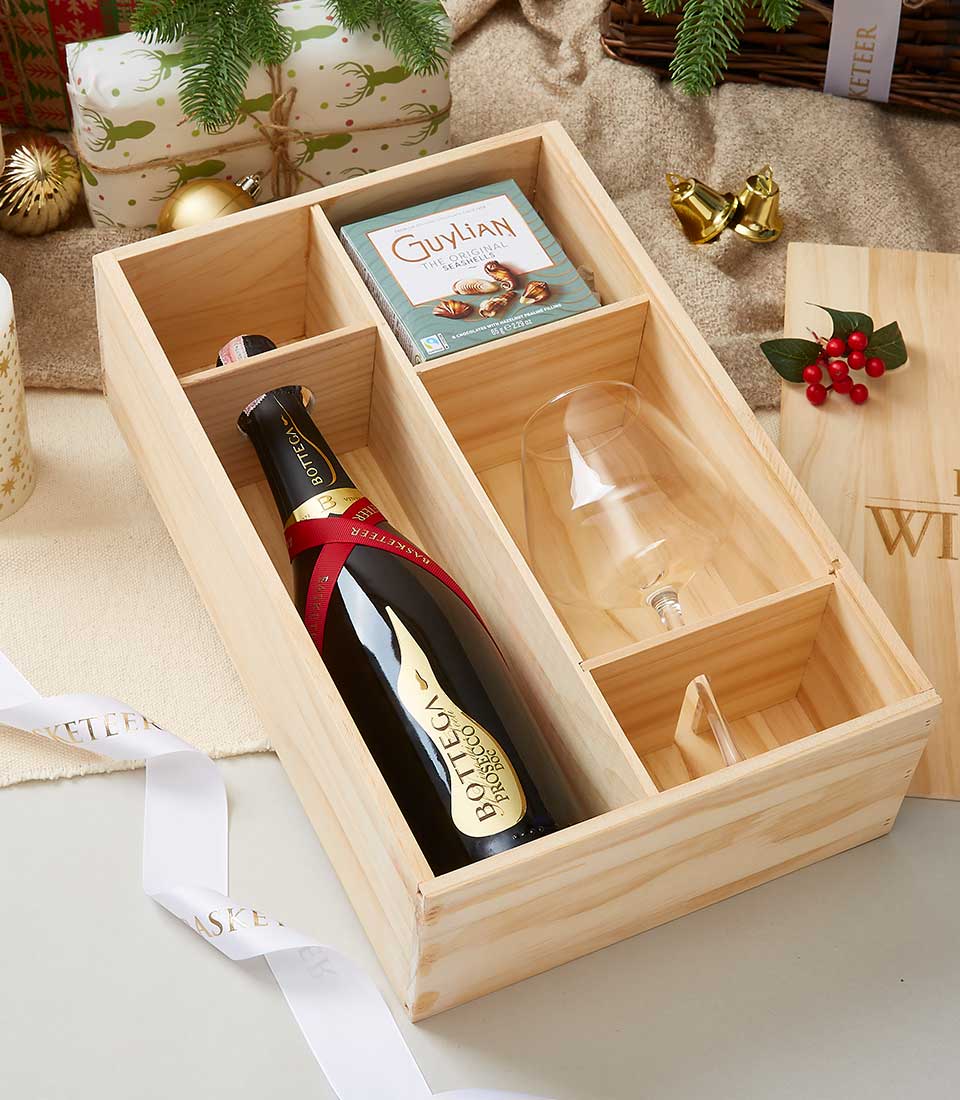 Premium Prosecco and Guylian chocolates in wooden gift box with red ribbon