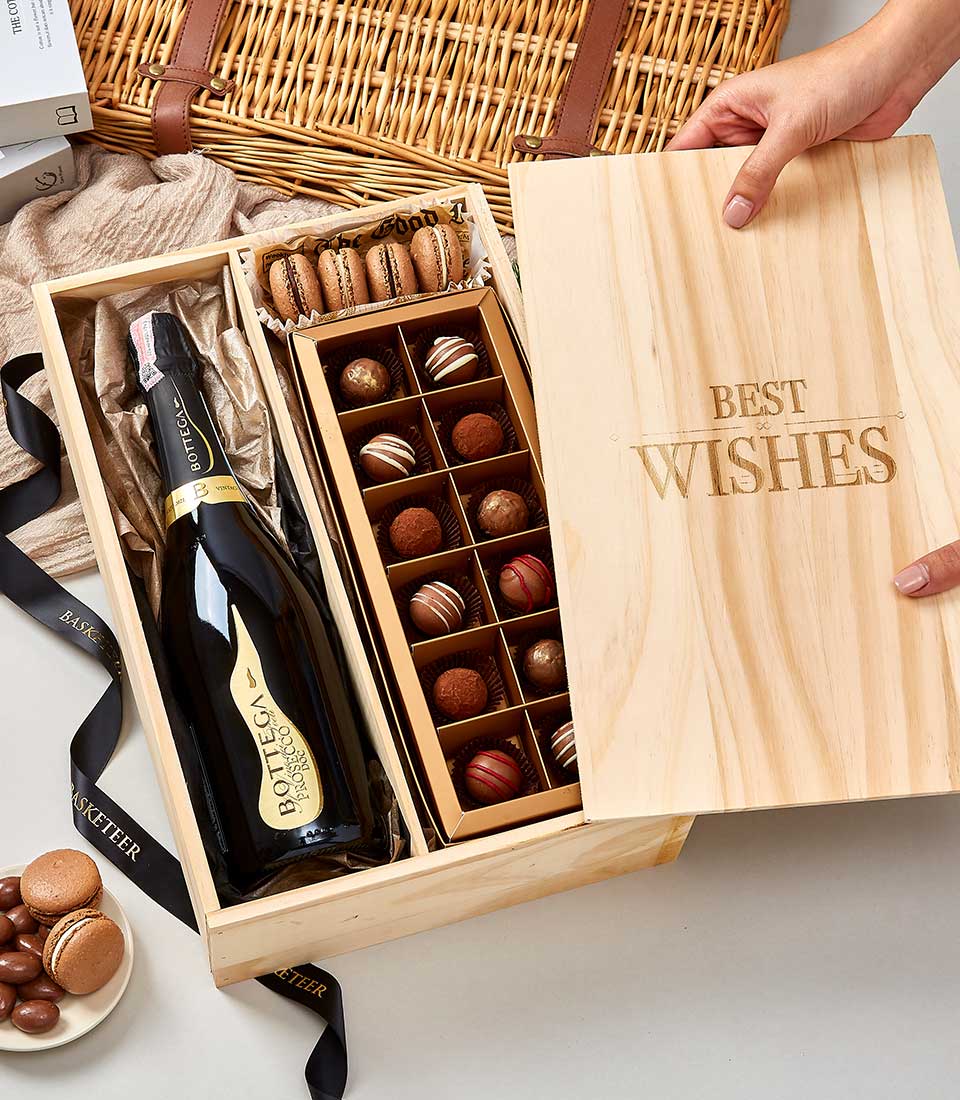 Premium wooden gift box with Prosecco, artisan chocolates, and macarons for wine lovers