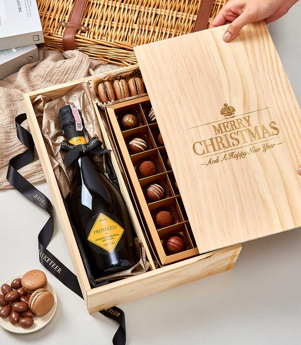 Classic wine and chocolate luxury gift box with Prosecco, artisan truffles, and macarons in wooden case