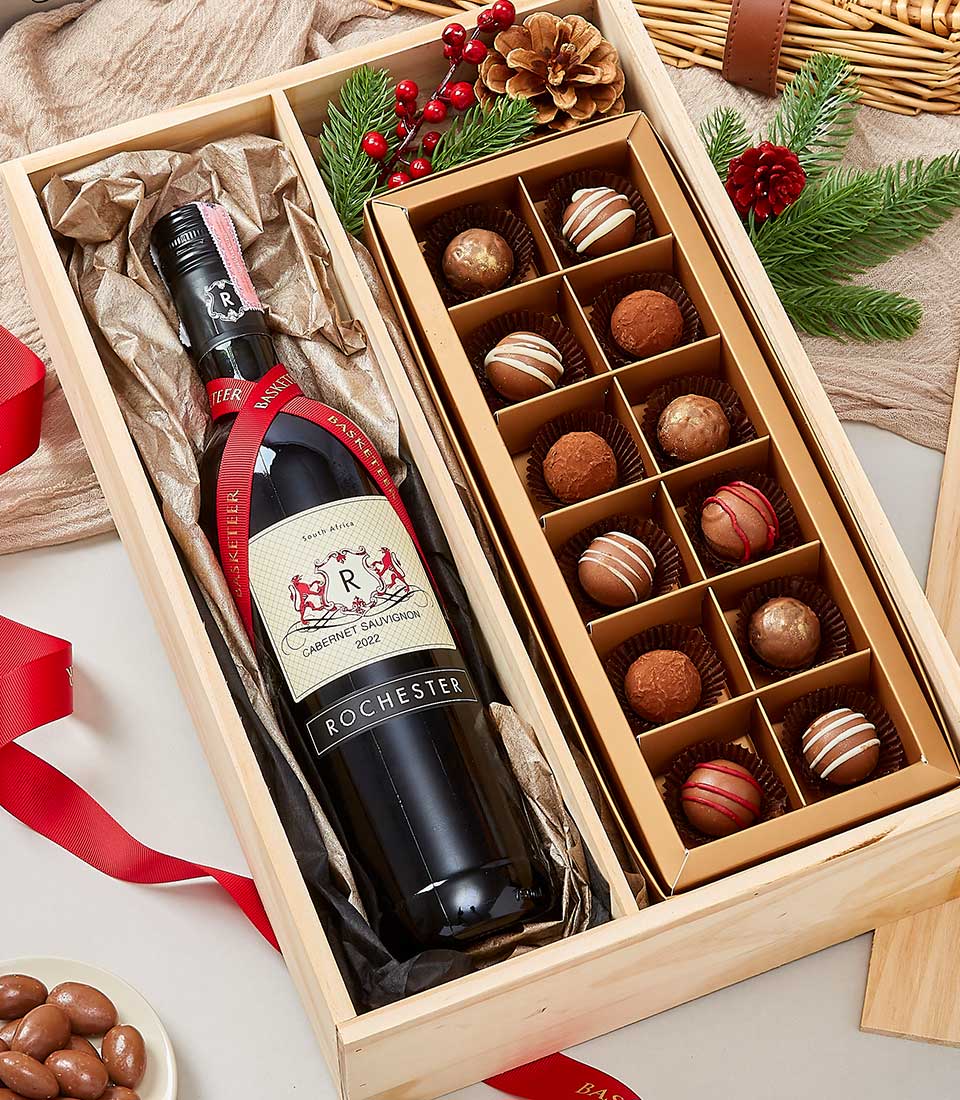 Premium wine and chocolate gift set with Rochester Cabernet Sauvignon and artisan truffles in wooden box