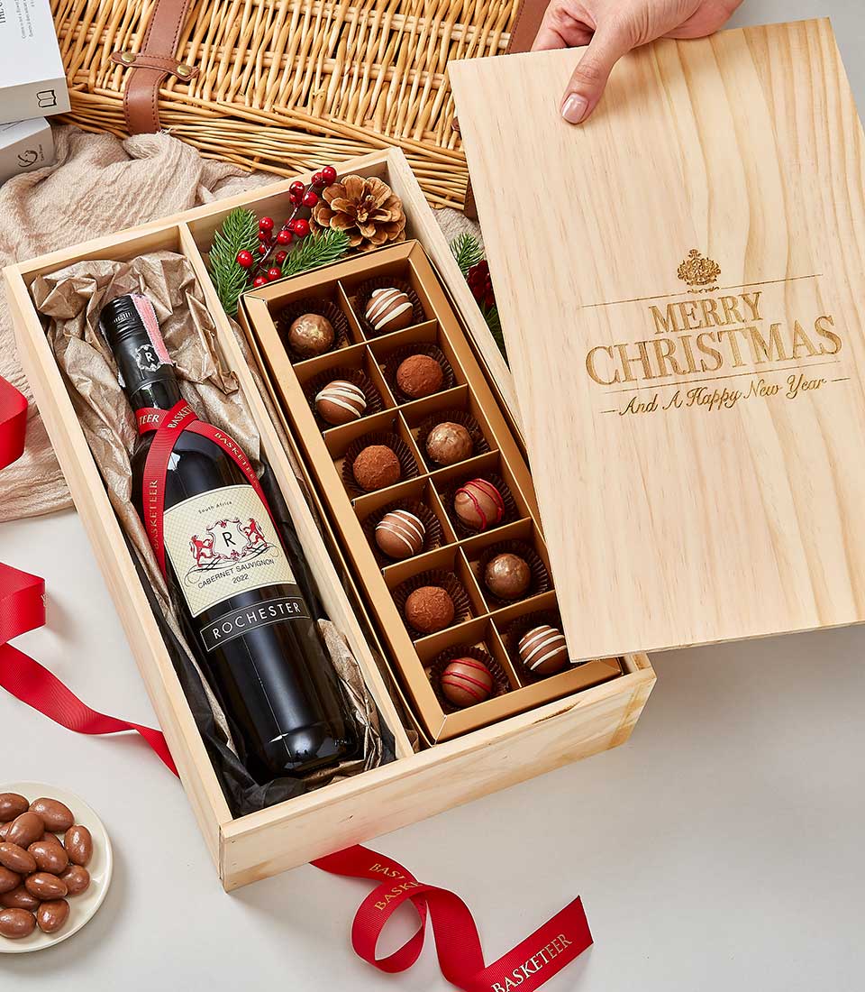 Premium wine and chocolate gift set with Cabernet Sauvignon and artisan truffles in engraved wooden box