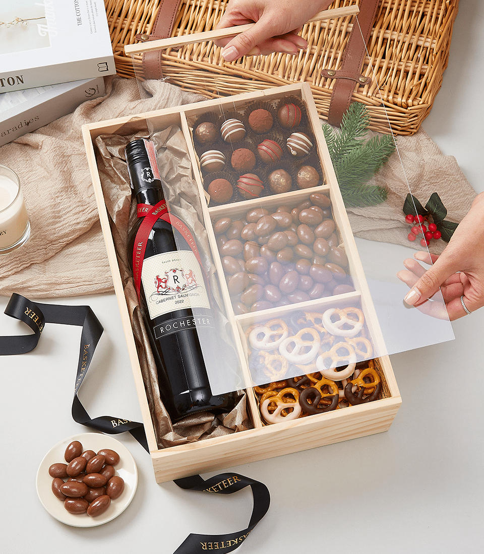 Premium wine and chocolate gift box with Cabernet Sauvignon, dark chocolate truffles, and covered nuts