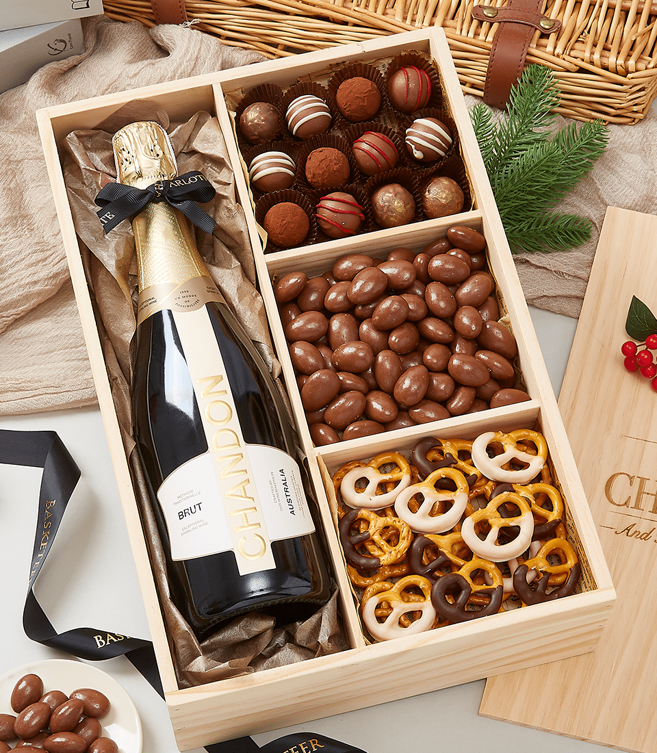 Chandon Brut sparkling wine luxury wooden gift box with artisan chocolates, nuts, and pretzels