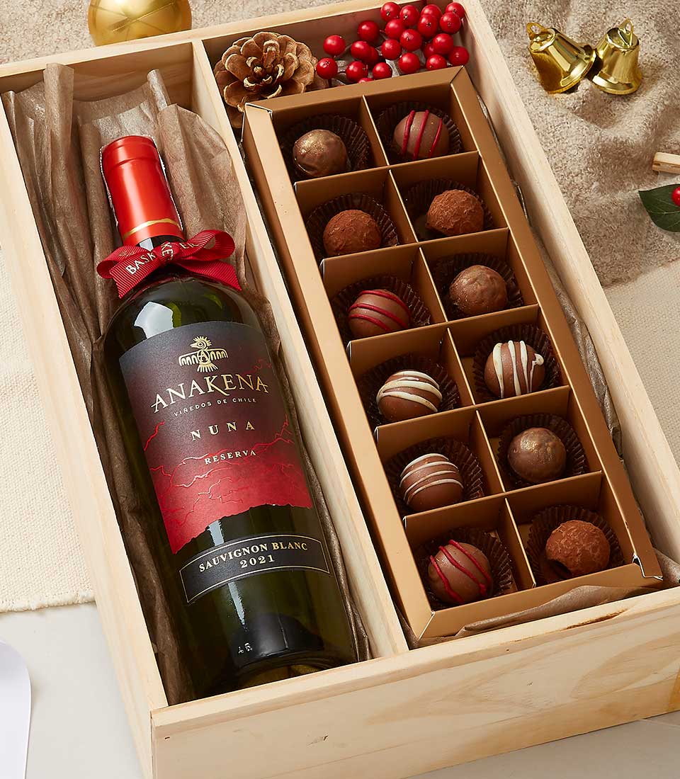 Premium wine and chocolate gift set in wooden box with Sauvignon Blanc and artisan chocolates