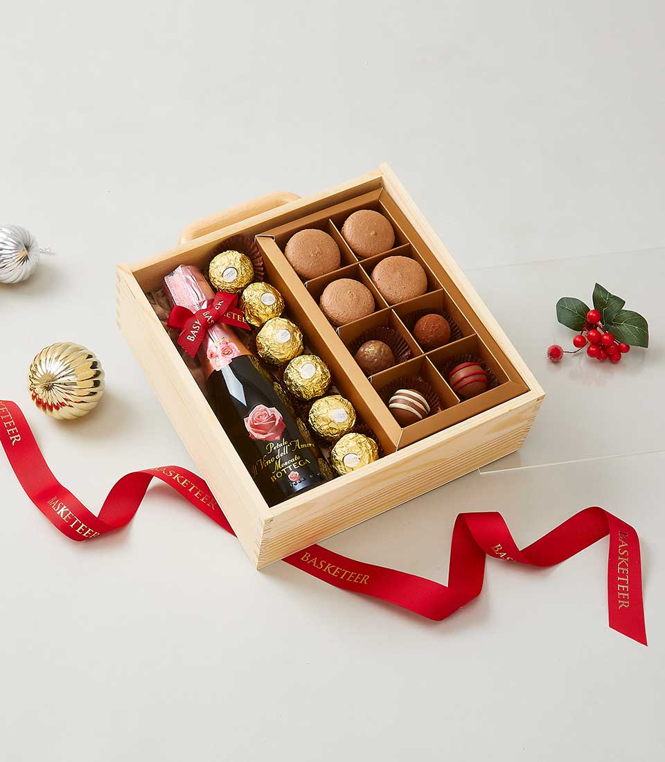Luxury wooden gift box with Moscato sparkling wine, Ferrero Rocher, macarons, and artisan chocolate truffles