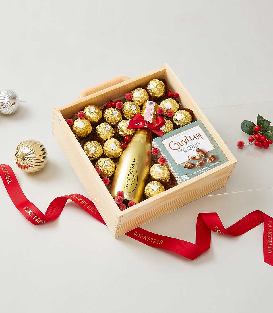 Romantic wine and chocolate gift box with Ferrero Rocher, Bottega Gold sparkling wine, and Guylian seashells
