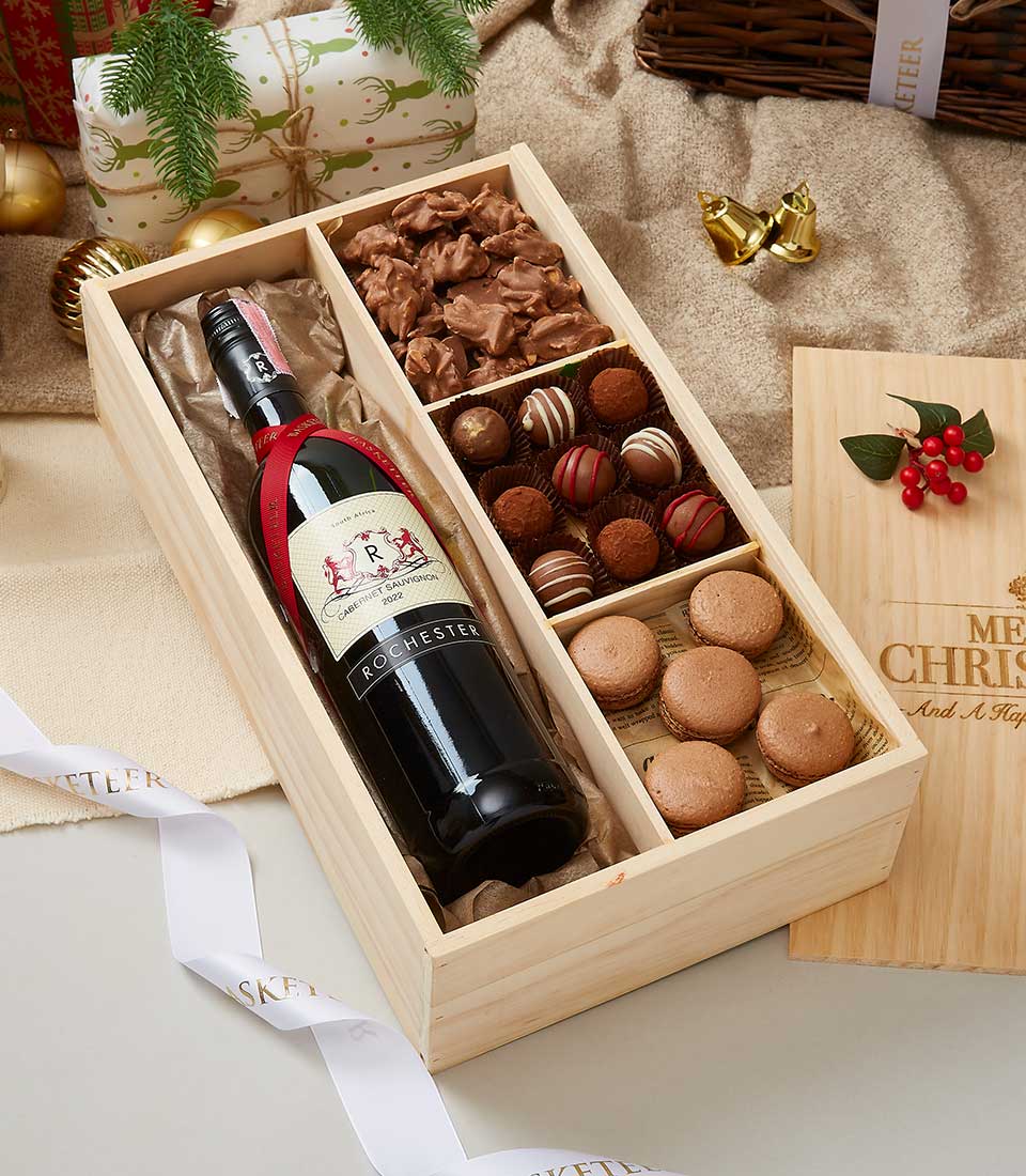 Premium wine and chocolate gift box with Rochester Cabernet Sauvignon, chocolate truffles, and macarons in wooden