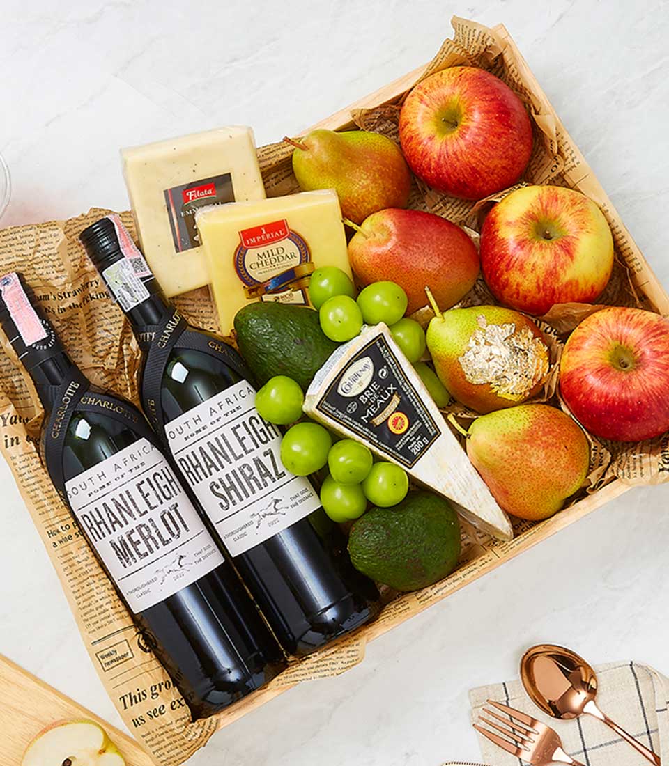 Premium South African wine and cheese gift basket with Merlot, Shiraz, cheddar, Brie, fresh fruits in wooden crate