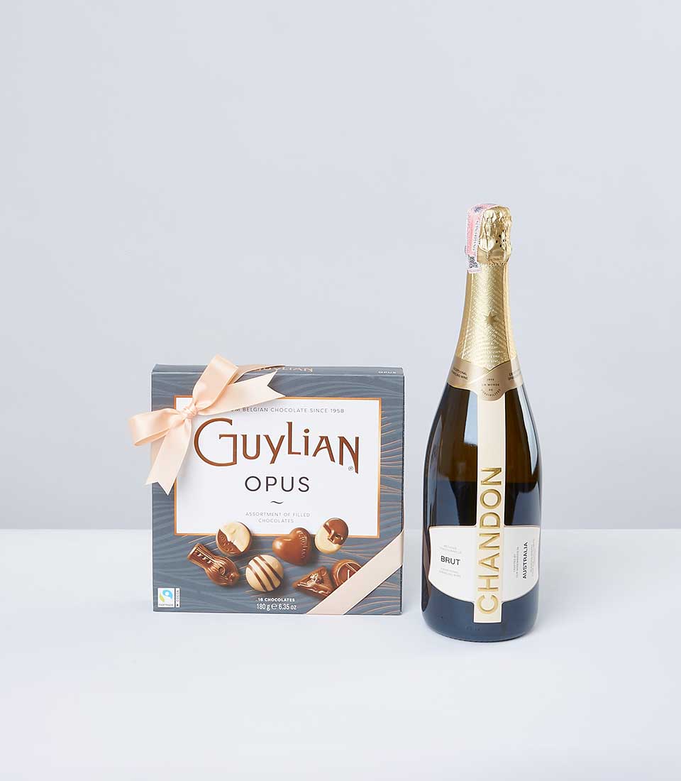Luxury chocolate and champagne gift set with Guylian Opus chocolates and Chandon Brut sparkling wine