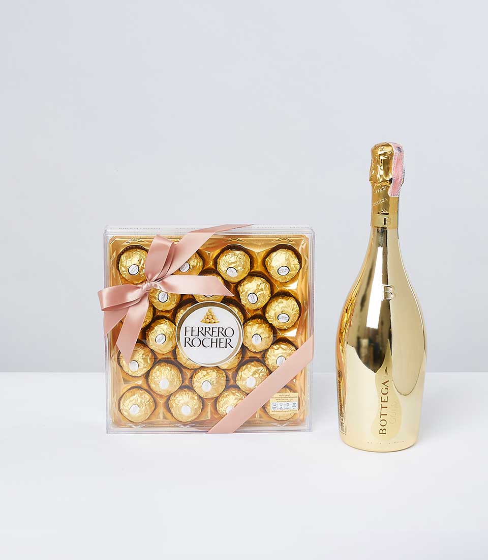 Luxury chocolate and champagne gift set with Ferrero Rocher and Bottega sparkling wine, tied with pink ribbon