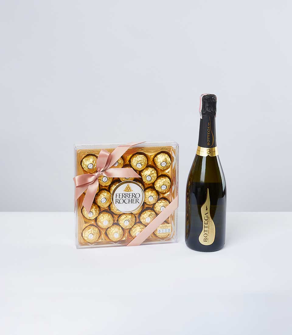 Ferrero Rocher chocolates and Bottega sparkling wine gift set with pink ribbon, luxury champagne hamper for celebrations