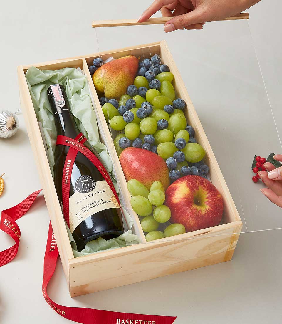Premium wine and fresh fruit gift set in wooden box with Chardonnay, grapes, pears, and berries