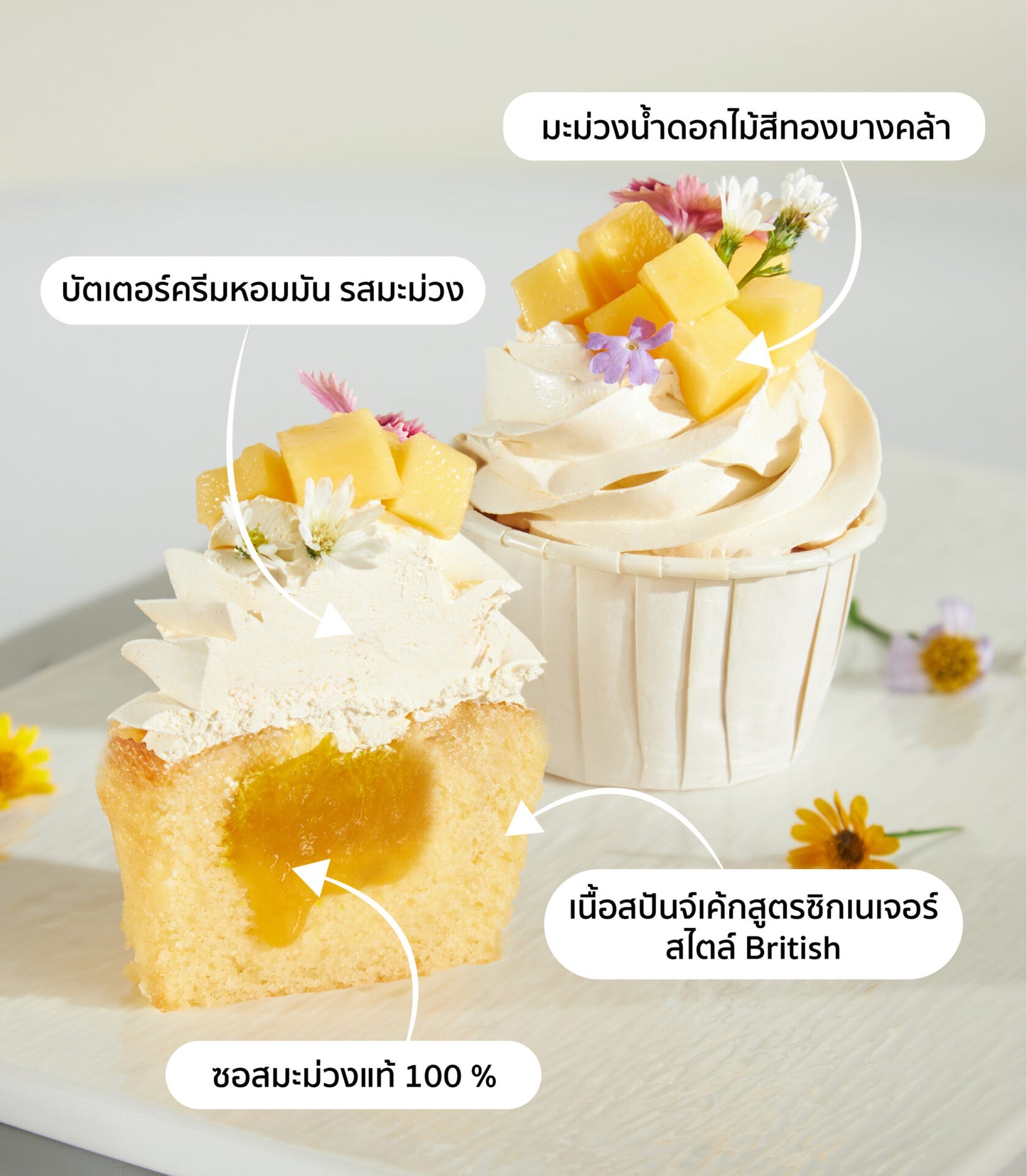 Mango passion cupcakes with light yellow frosting, diced mango, and edible flowers on textured white plate