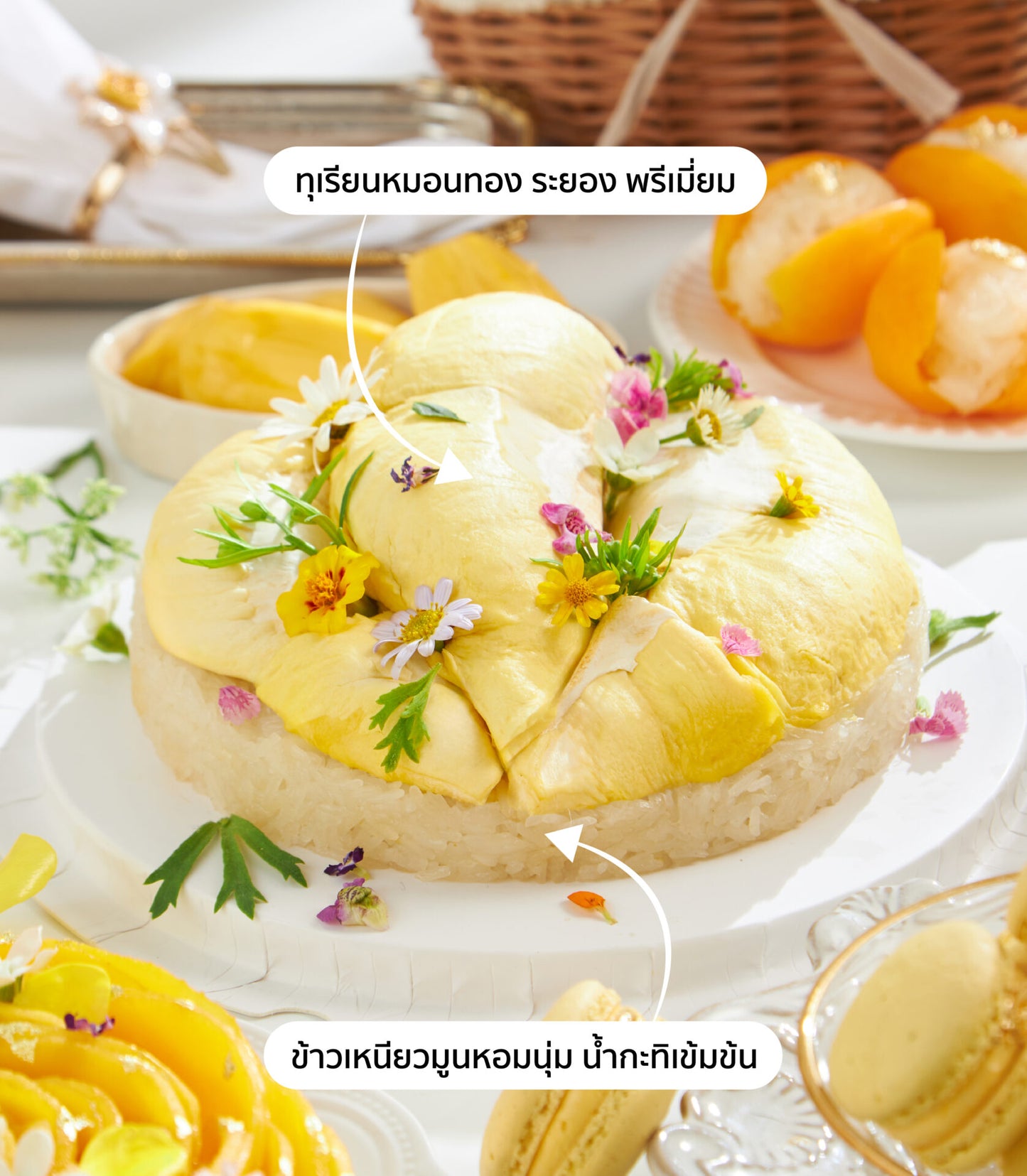Premium Mon Thong durian with creamy coconut sticky rice, garnished with edible flowers — Thai tropical dessert gift