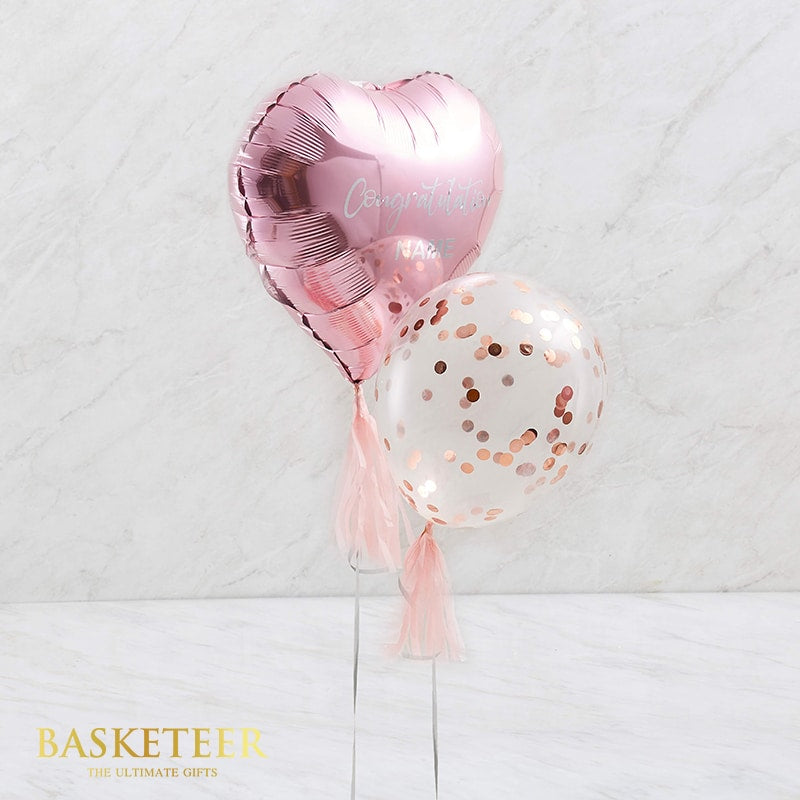 Rose gold foil and confetti balloon congratulations set with pink tassels