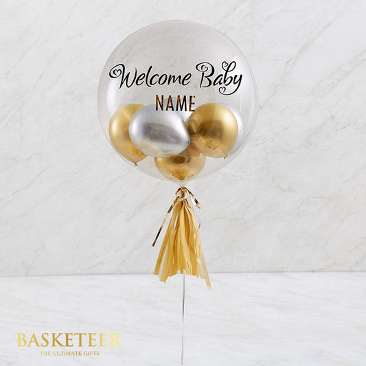 Personalised Welcome Baby bubble balloon with gold and silver metallic balloons and gold tassel