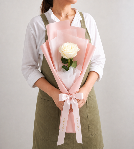 An elegant single white rose bouquet from Flowers by Basketeer, beautifully wrapped