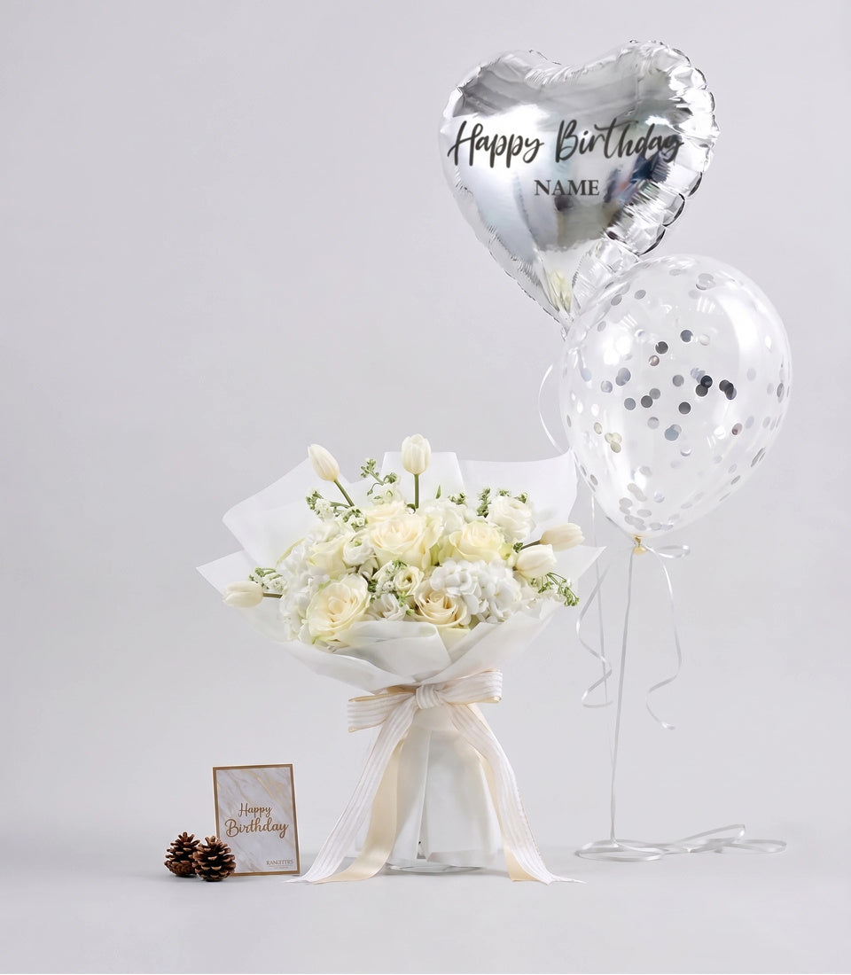 Gray Balloon & White Bouquet Combo
