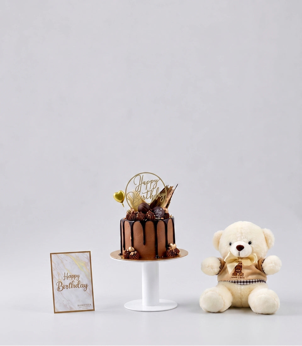 Basketeer's premium birthday gift set featuring a decadent chocolate drip