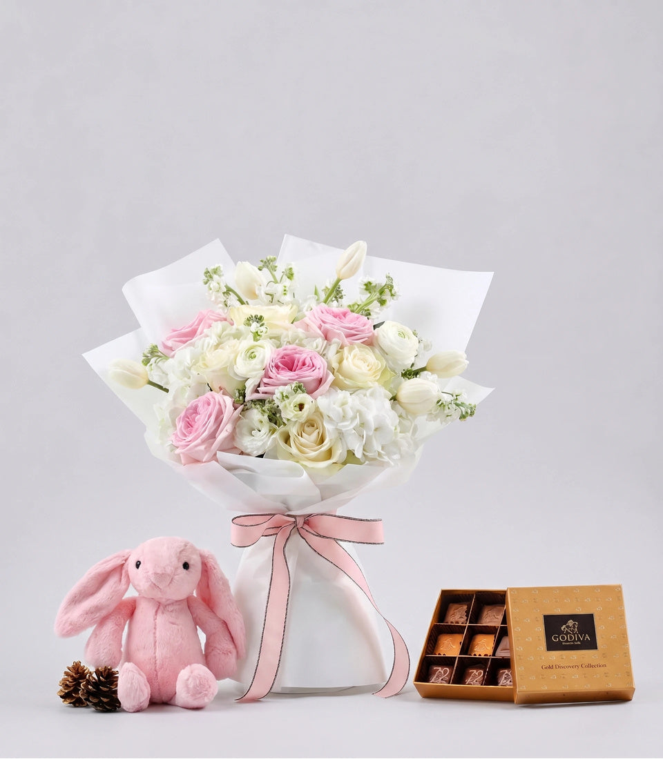 Chocolate Doll & Pink-white Flower Combo
