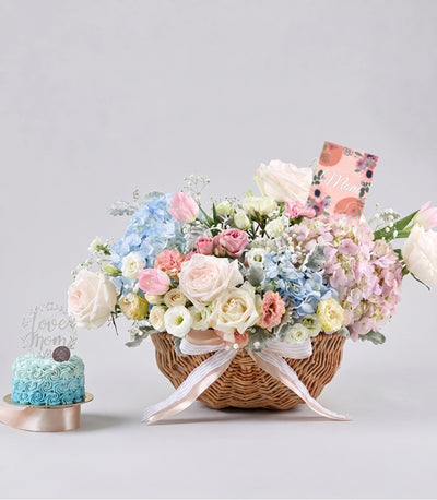 Sweet Flowers Basket with Sky Blue Cake