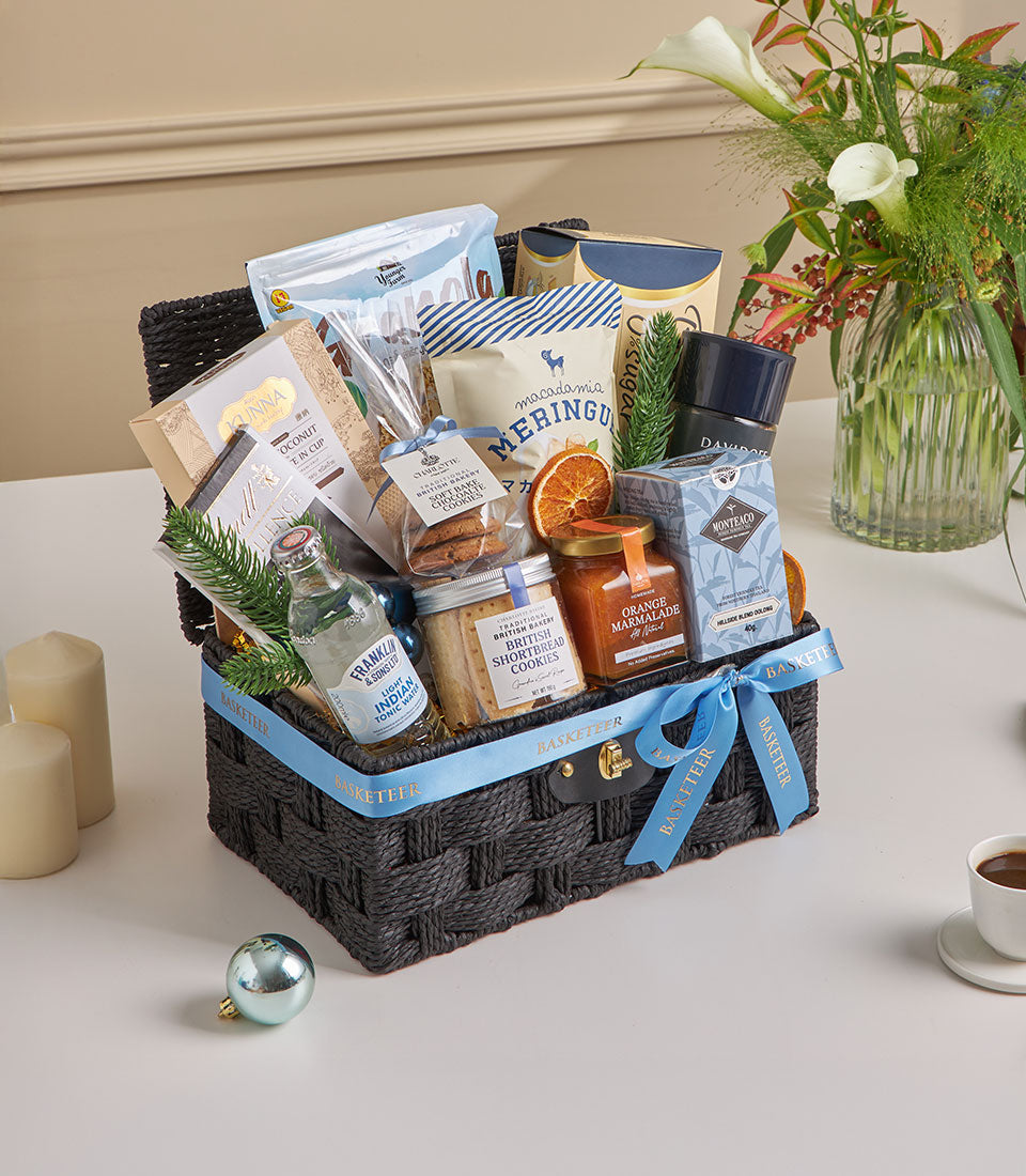Blue Morning Granola & Tea gourmet gift hamper with macadamia cookies, marmalade, and shortbread for New Year