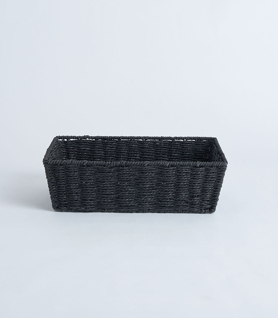 Dark wicker rectangular storage basket with tight weave and flat bottom