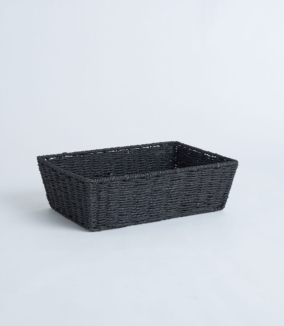 Dark woven rectangular basket with open top for storage and gifting
