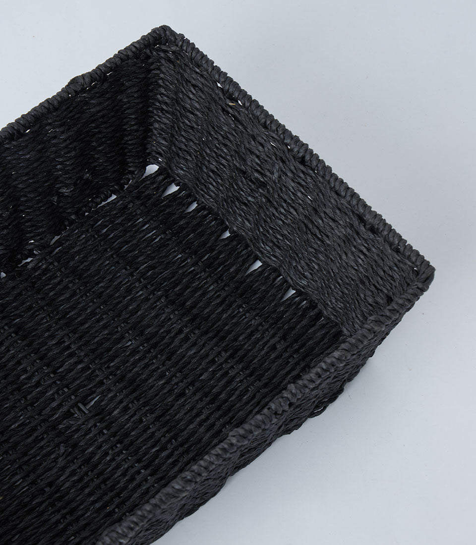 Dark woven rattan rectangular basket tray for luxury gift hampers and storage