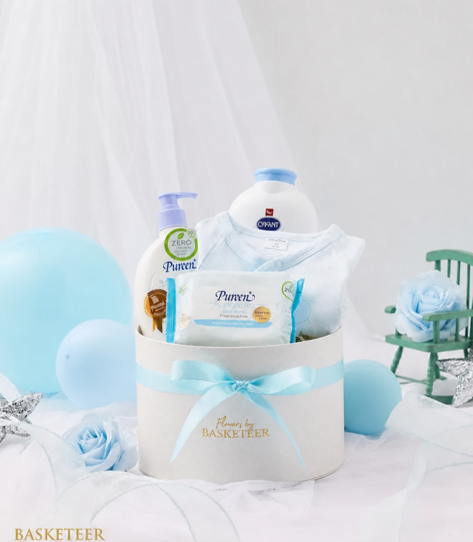 Basketeer's premium newborn baby gift box, featuring a blue ones
