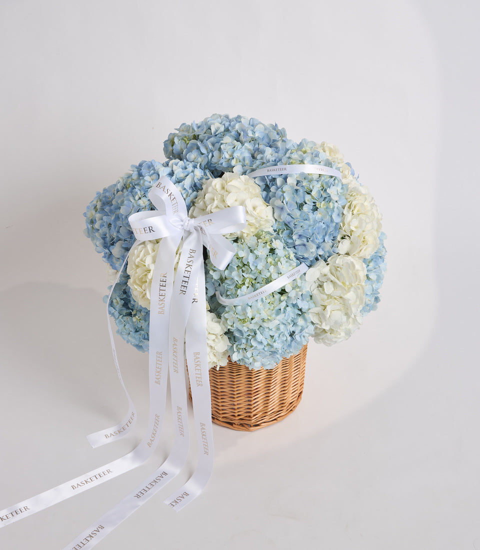 Elegant hydrangea arrangement in blue and cream flowers, wicker basket, white ribbon bows with "Basketeer" branding, neutral background.