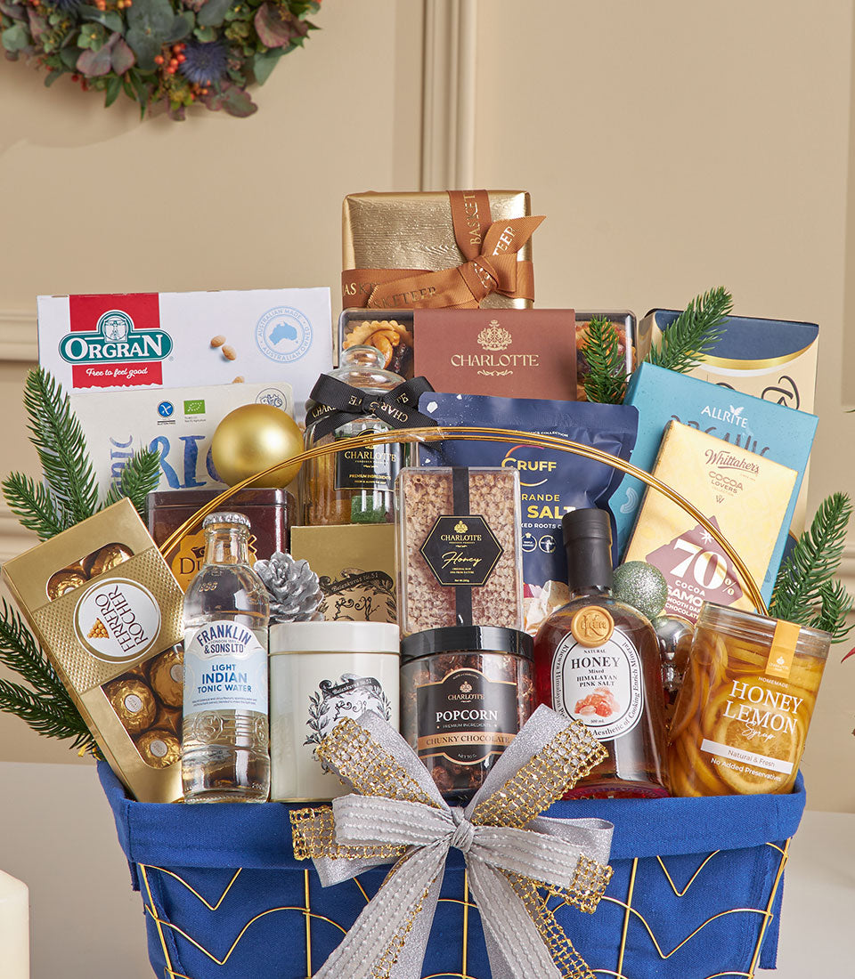 Grand Blue luxury gift basket with chocolate, honey, popcorn and gourmet treats for New Year