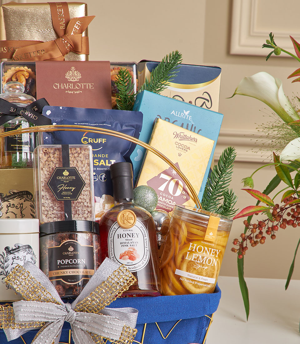 Grand Blue gourmet gift basket with chocolate, honey, popcorn and artisan treats for New Year