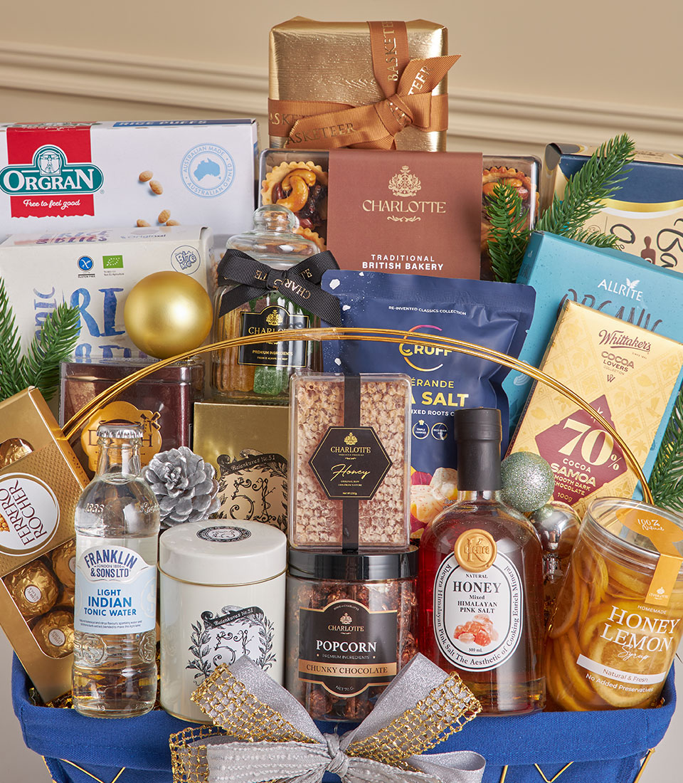 Grand Blue gourmet gift basket with chocolate, honey, popcorn and premium artisan treats